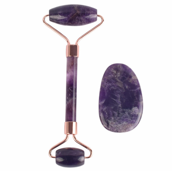 Purple Jade Roller and Gua Sha Set, Jade Face Roller, 100% Natural Amethyst Massage Roller- Anti Aging Jade Roller for Face, Neck