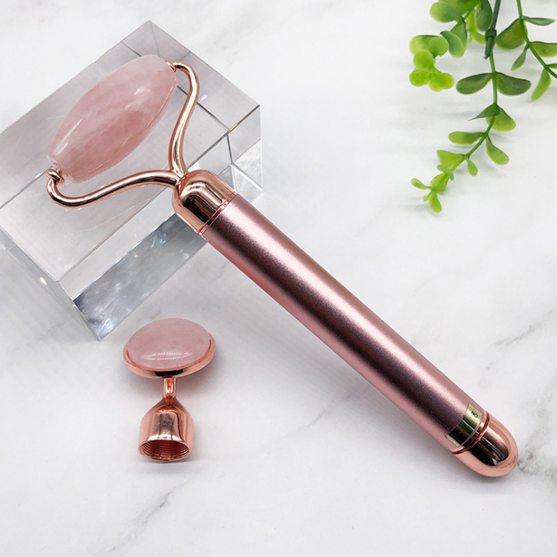 Electric Facial Roller Massager 2 IN 1 Natural Rose Quartz Face Roller Set Waterproof Vibrating Beauty Skin Care Tools